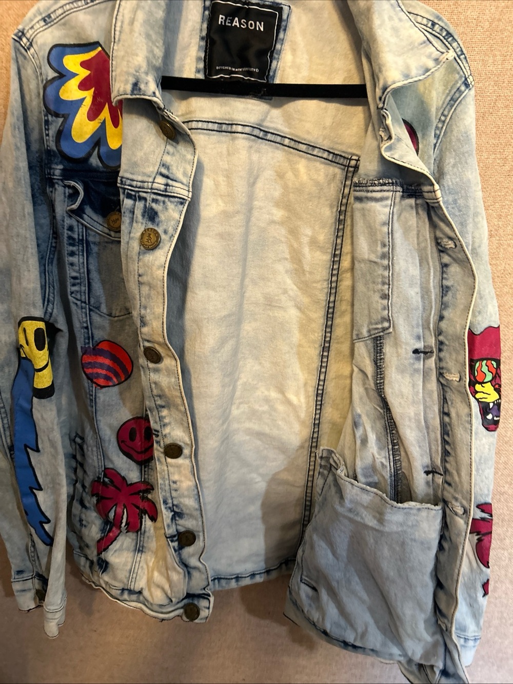 REASON Light Wash Denim Jacket with Multicolor Patches - Picture 5 of 10